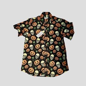 Halloween Shirt Skulls Pumpkins Short Sleeve Button Up Party Costume‎